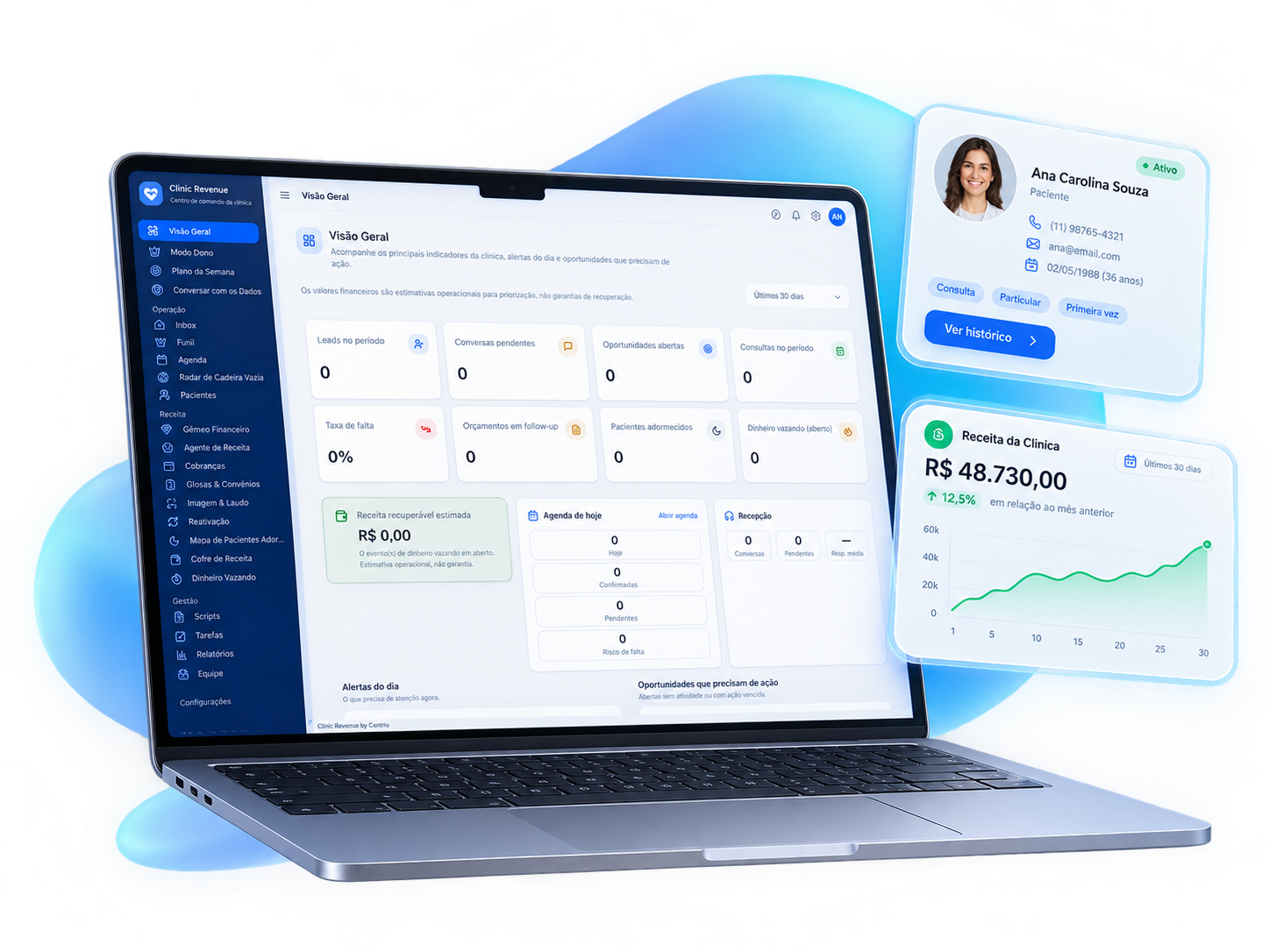 Dashboard de Clínica em Laptop Moderno — Clinic Revenue